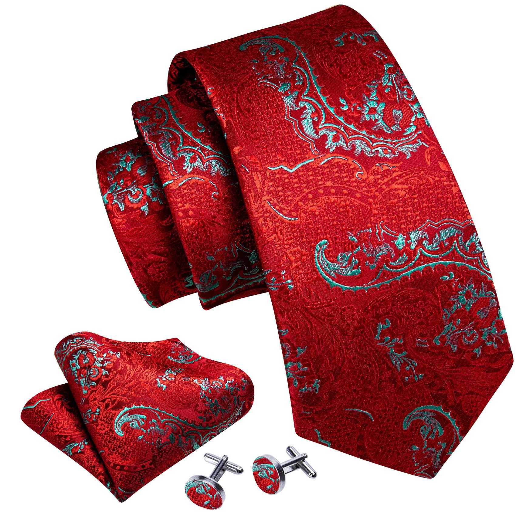 Barry. Red Silk Mens Tie Hanky Cufflinks Brooch Set Jacquard Rose Burgundy Maroon Necktie Gold Pin For M Wedding nts X250407