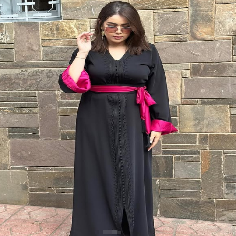 Elegant Black Moroccan Caftan Evening Dress With Lace Long Sleeve V Neck Hot Pink Sash Maxi Prom Dress Abaya Formal Robe De mariage 2025 Vestio De Gal