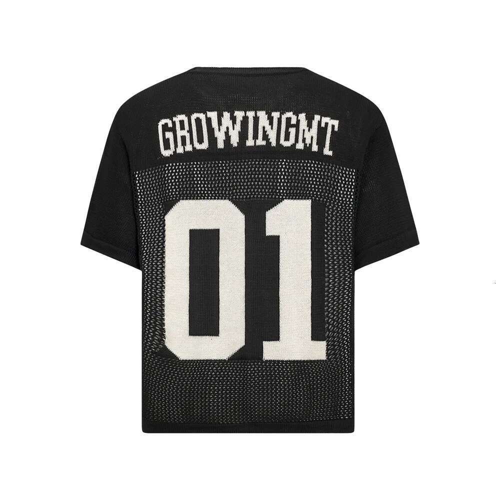 Hollow Out Letter Jacquard Knitted T-Shirt Mens Summer High Street Loose Crew Neck Half-Sleeve Breathable Tee Men