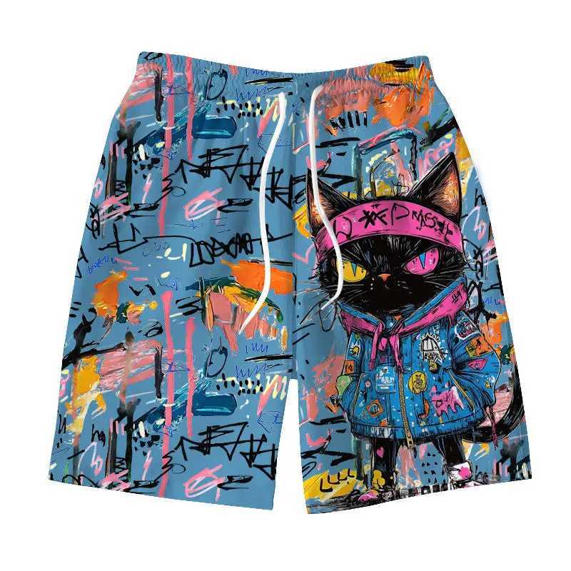 Mens Hawaiian Swimming Relay 3D Graffiti Kitten Macaron Printed Shorts Quick Drying Outdoor Leisure Sports Fashion Mens ShortsXJ250407