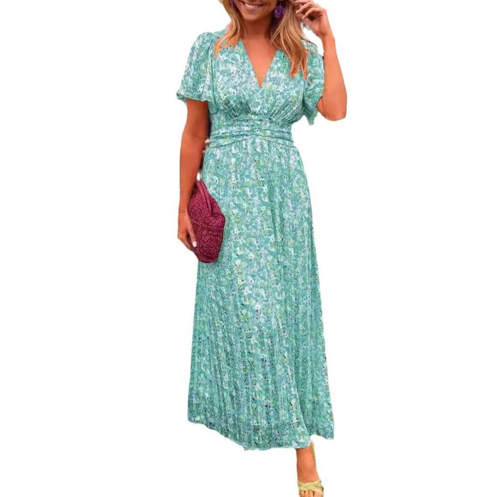A large number of European and American Shein2025 women's temperament printed waist cinched V-neck dress 2025 new casual fashion trend clothing