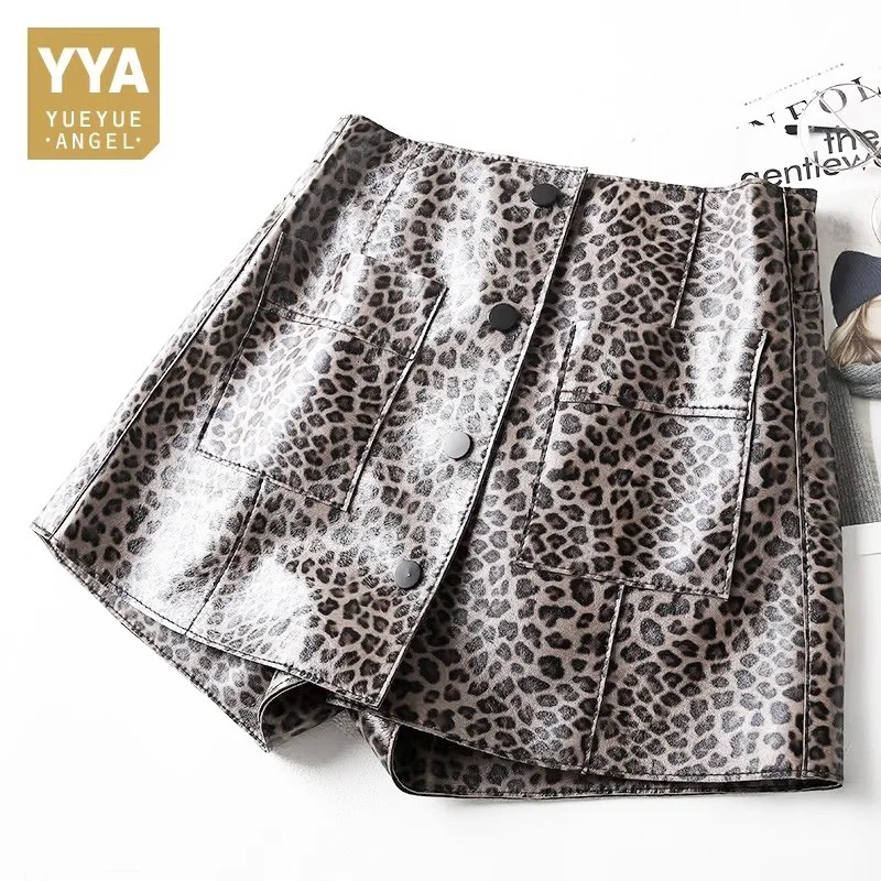 Spring Shorts Women Sheepskin Genuine Leather Shorts Black Brown Leopard Print High Waist Pocket Short Feminino Sexy Shorts 250408