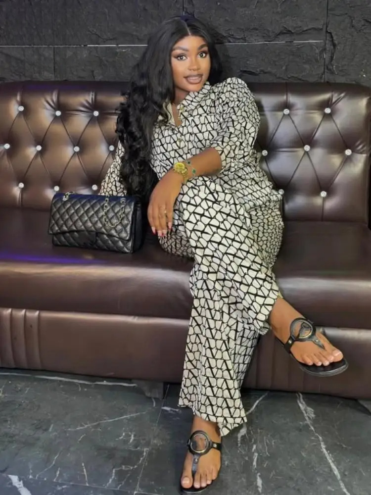Joskaa Print 2 Piece Sets Women Hipster Lapel Full Sleeve Oversized Blouse And Wide Leg Pants Matching 2025 Y2k Streetwear