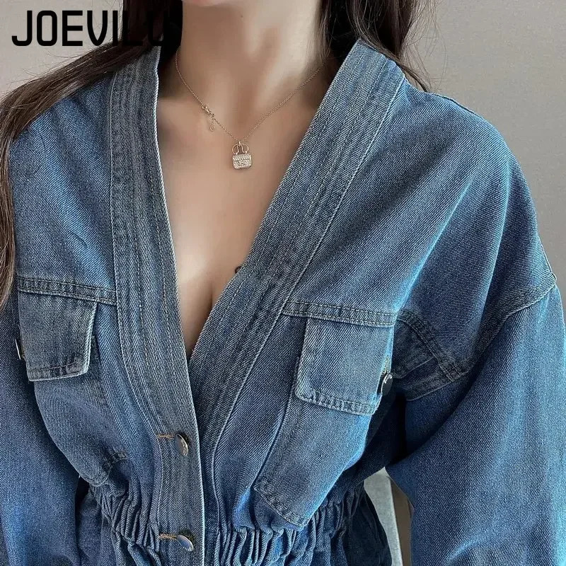 Jeans jacket Vneck pleated waist slim fit for womens autumn Korean fashion personalized irregular shirt loose casual denim top 250407