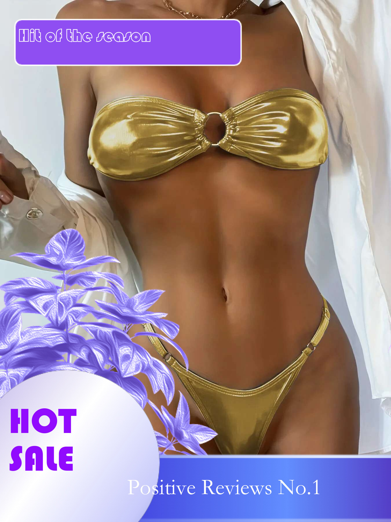 Dongdumaoyi Sexy Bandeau Bikini Women Gold Black Metal Ring Linked Hollow Out Push Up Micro Swimsuit Shiny Bathing Suit Thong Swimwear