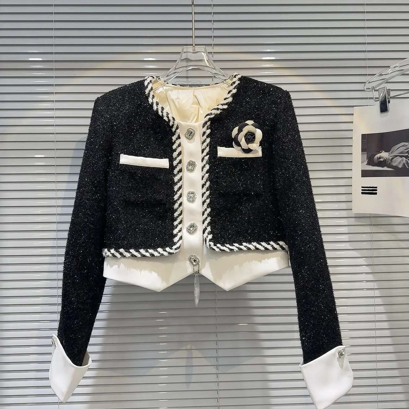 PREPOMP 2025 Winter New Arrival ral Applique Pin Tweed Patchwork White Duck Down er Coat Women Short Jacket GS652