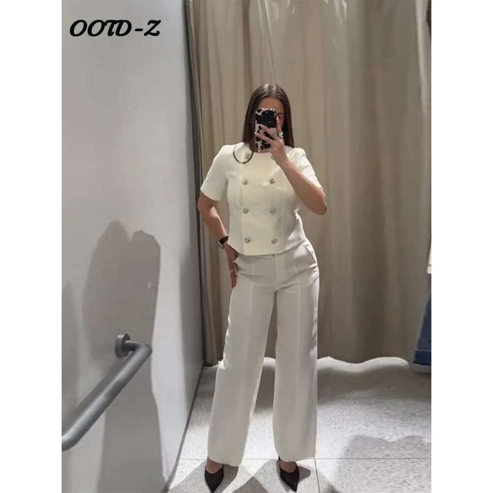 Elegant Solid Two Piece Sets Women Short Sleeve O-Neck Single Breasted Vests Wide Leg Pants Suit Lady Fashion High Street Outfit