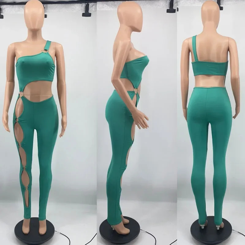 Sexy One Shoulder Bodycon Jumpsuit Women Sleeveless Solid Hollow Out One Pieces Romper Night Party Club Birthday Outfits Catsuit 250407