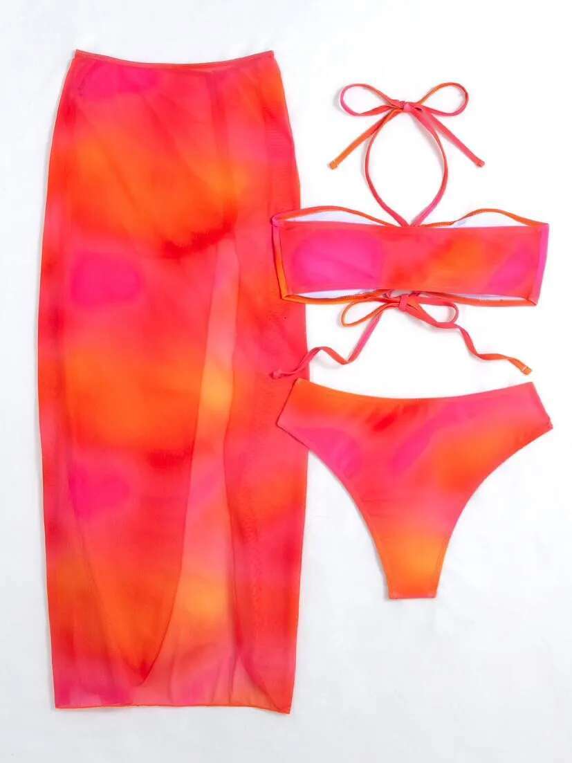 Dongdumaoyi Vintage Orange Tie Dye Bikini Set Women Halter Bandage Cross Push Up Skirt Piece Swimsuit Bathing Suit Cover Swimwear