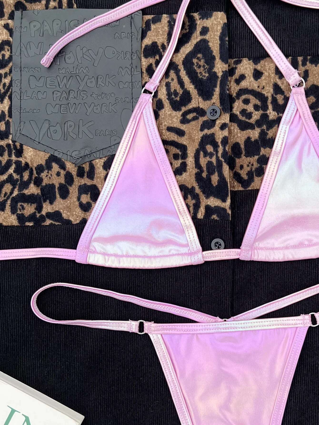 Dongdumaoyi Sexy Micro Bikini Pink PU Leather Push Up Triangle Swimsuit Biquini Brazilian Cut Out Beach Swimming Bathing Suit Swimwear