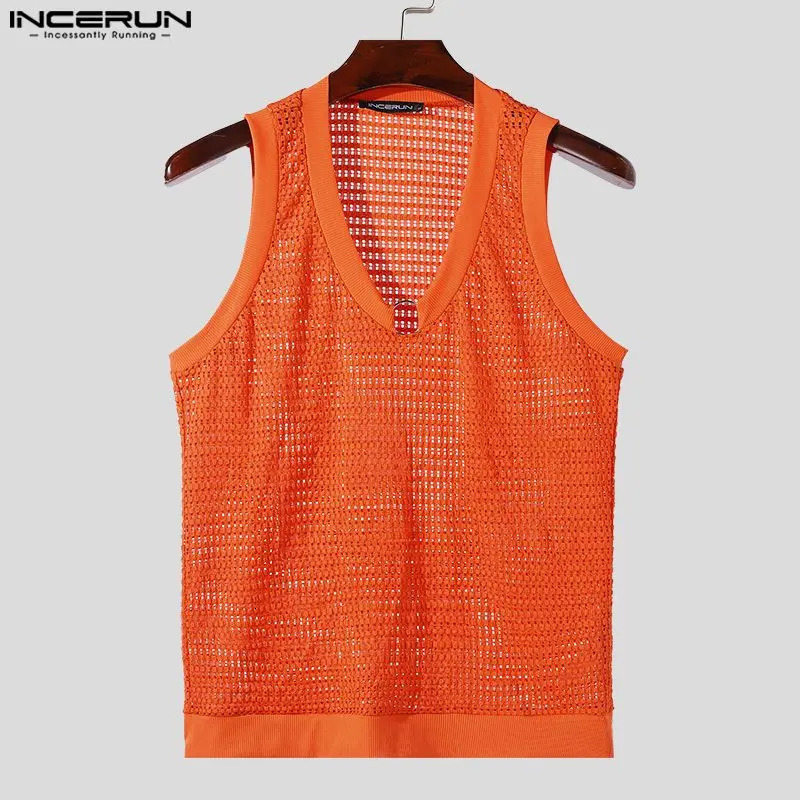 Mens Tank Top Hollow V-neck Sleeveless Street Clothing Summer Mens Tank Top Transparent Fashion Casual Mens Clothing INCERUN 250403