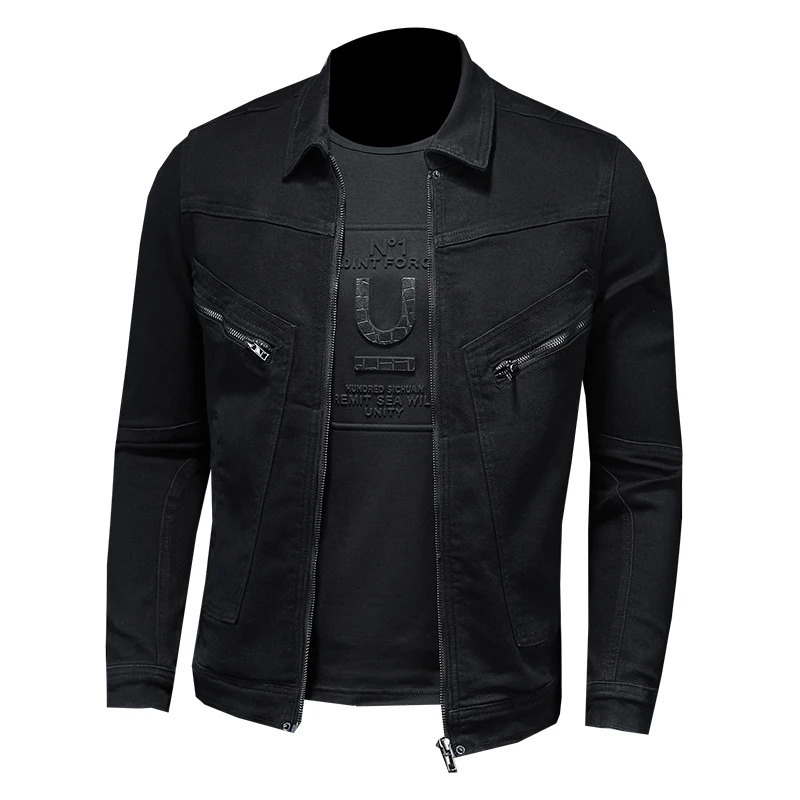 High quality fashionable handsome trend classic denim jacket black gold zipper bike multi mens winter snow 250408