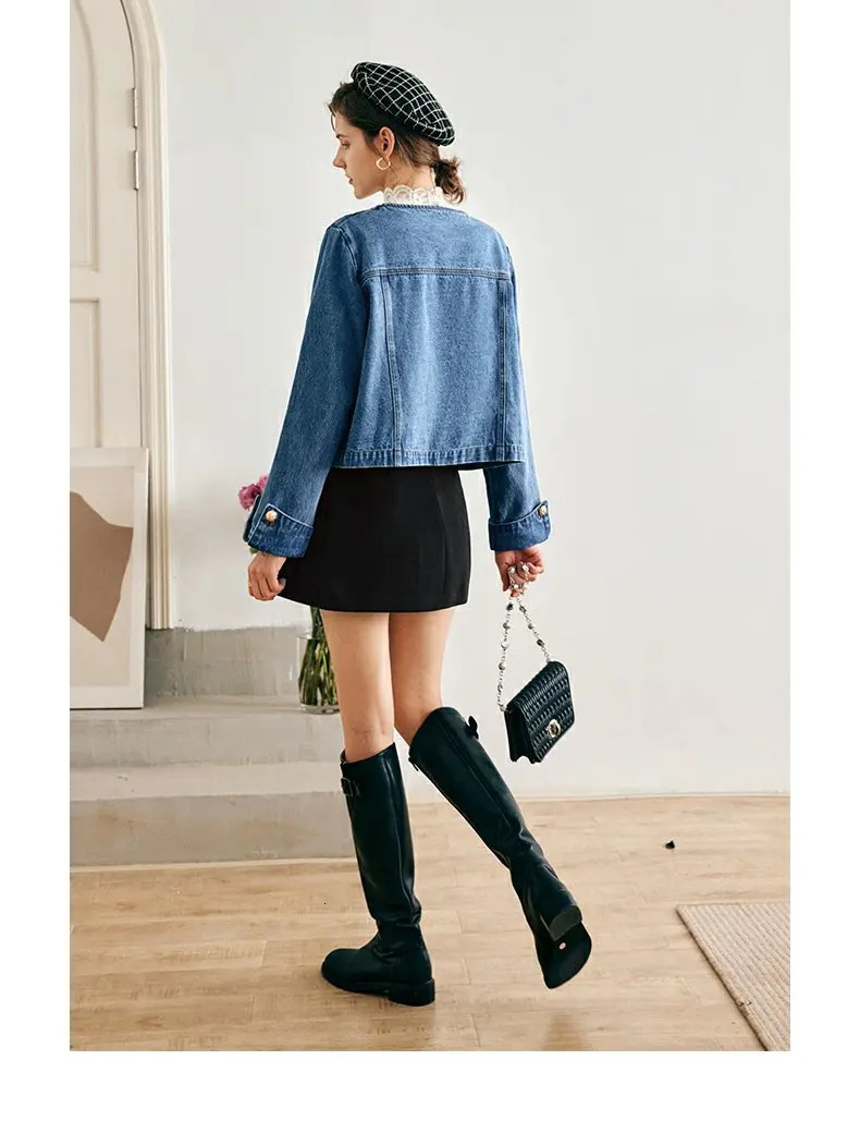 OLrain denim womens jacket spring cotton Petal collar metal bow long sleeved retro O22QW65202 250407
