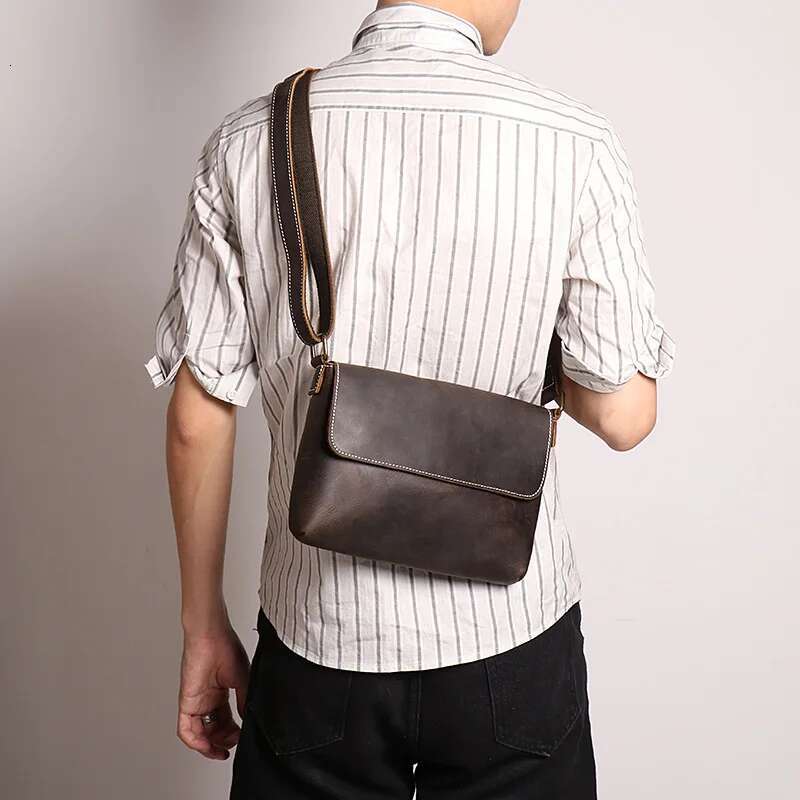 Men's Small Genuine New Simple Cowhide Shoulder Crazy Horse Leather Crossbody Bag Large Capacity Messenger Bags