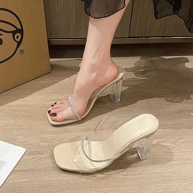 Transparent high-heeled sandals for womens summer crystal shoes square toe thick high-heeled sandals for womens outerwear 2025 new FiatXJ250407