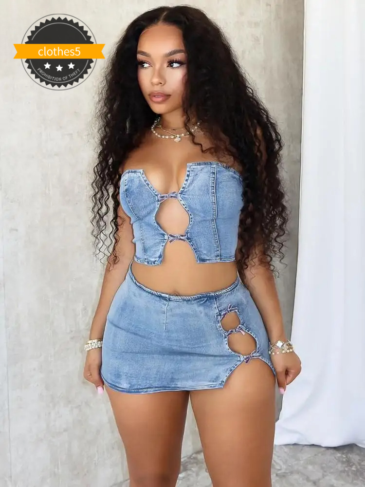Stretch Denim 2 Piece Sets Women Sexy Cutout Tube Tops And Split Mini Hip Skirts Matching Streetwear Party Club Outfits