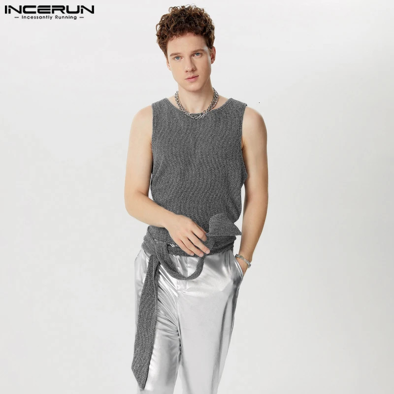 INCERUN Tops American style mens sparkling belt vest fashionable and sexy mens cut pleated sleeveless vest S-5XL 250402