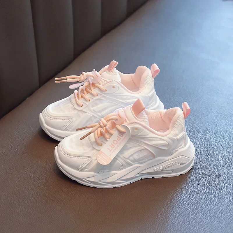 Childrens sports shoes breathable mesh white pink girls shoes fashionable soft sole anti slip childrens tennis shoes boys sports running shoes W250407