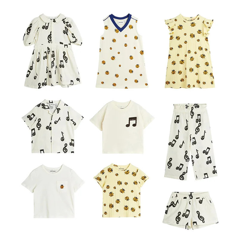 2025 Summer Girls Set INS Fashion Musical Note Printed Girls Dress Casual Cotton T-shirt Shorts Set Boys Shirt Kids Clothes 250407