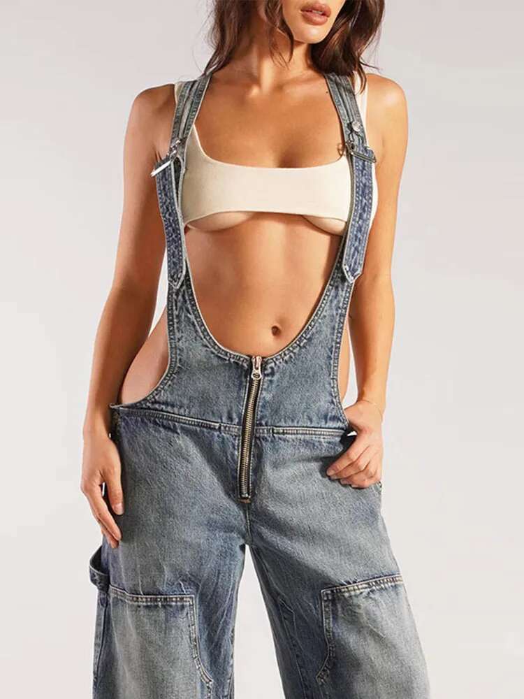 Women's 2025 Adjustable Straps Denim Overalls Exposed Zipper Detail Slant Pockets Utility Jumpsuit Streetwear Chic Stretch Fit