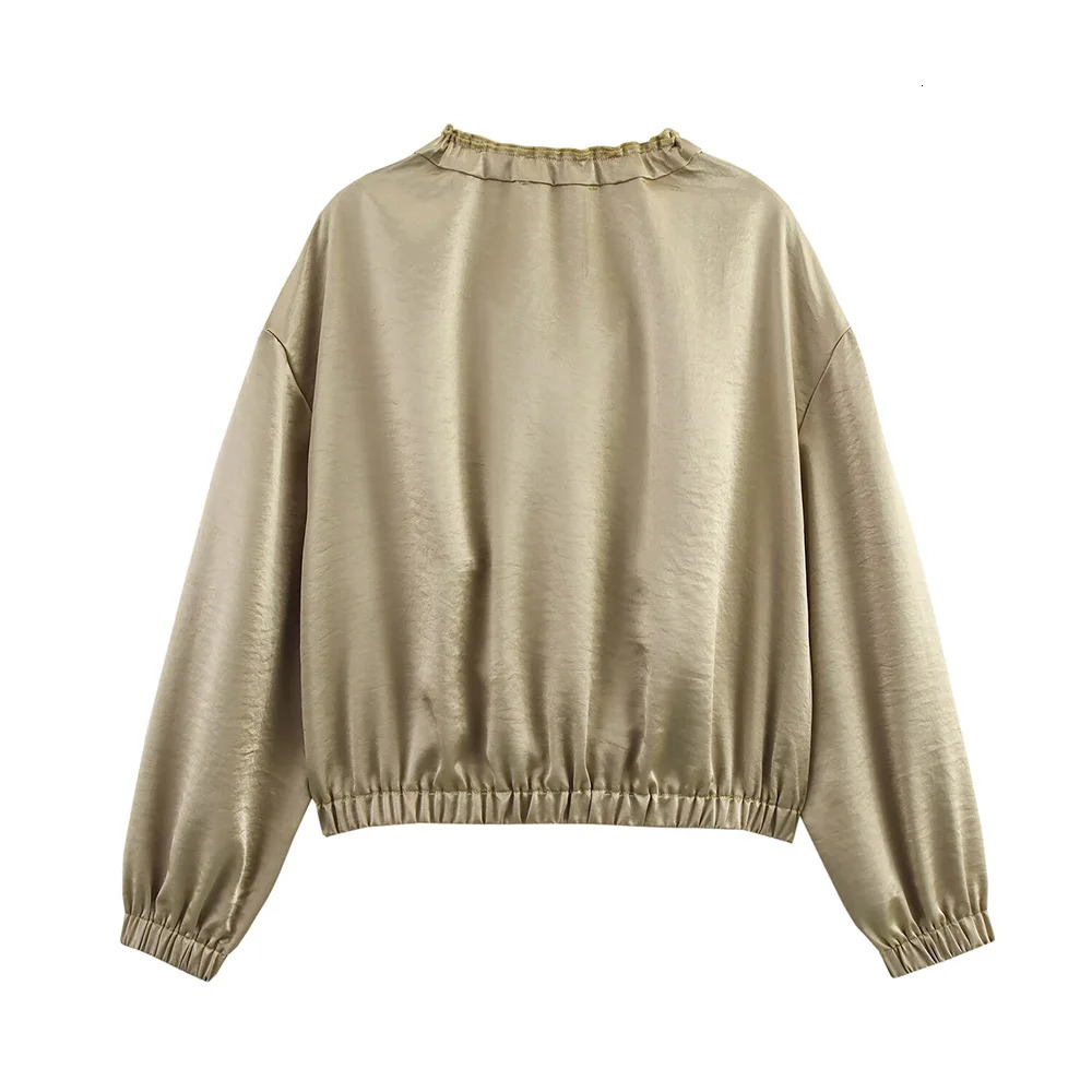 INS Fashion Round Neck Stacked n Long Sleeve Zipper Pocket Womens Loose Pure Silk Texture Jacket ZATT Spring Collection 250407