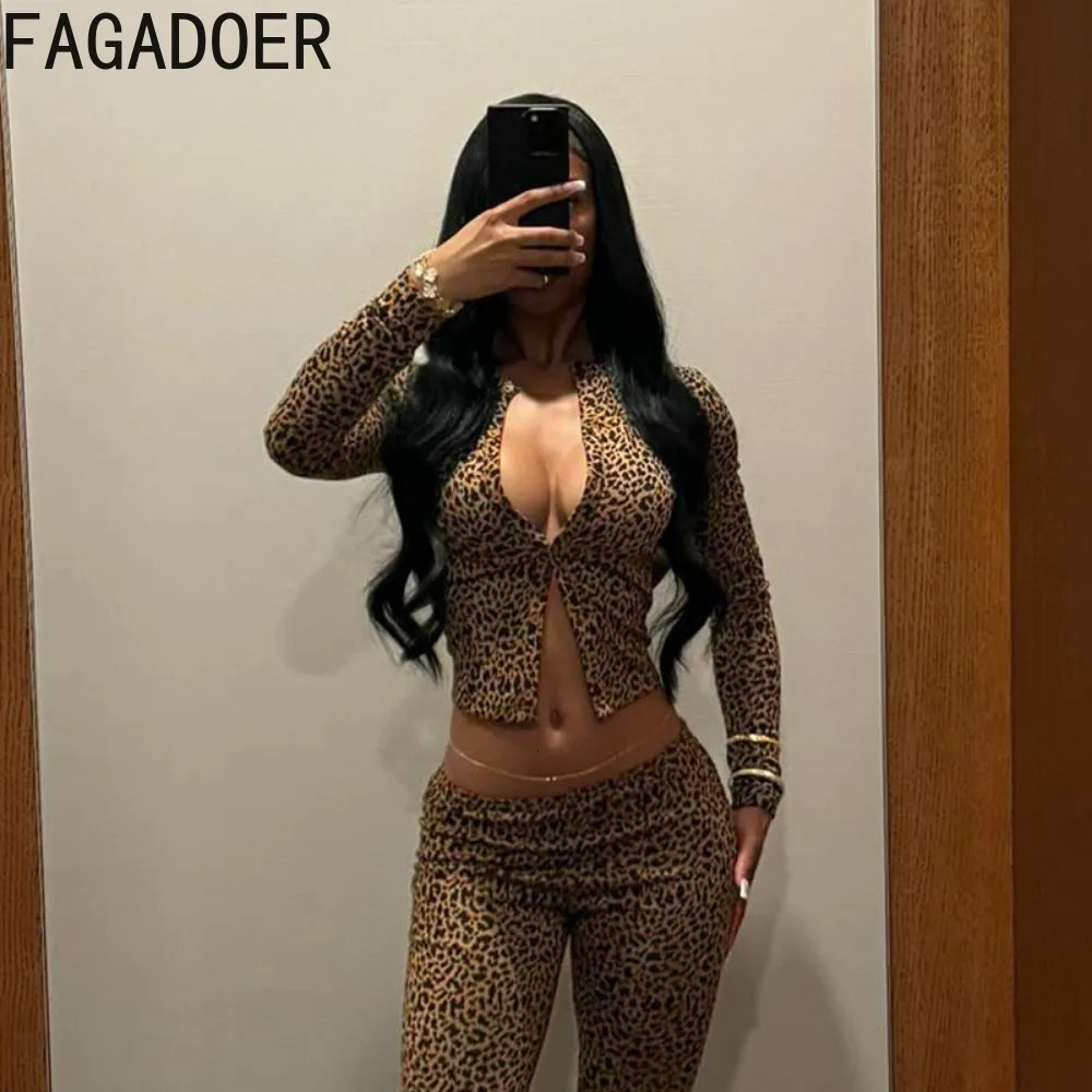 FAGADOER Fashion Leopard Print 2 Piece Sets Women Outfit Long Sleeve Crop Top Low Waist Skinny Pants Suits Female Streetwear 250407
