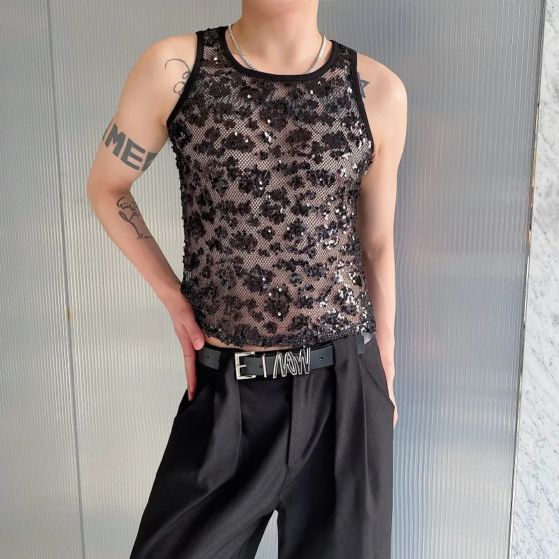 Fashionable mens sexy top with mesh sequins sparkling elastic tight fitting vest summer fashion nightclub stage tight fitting mens vest 250402