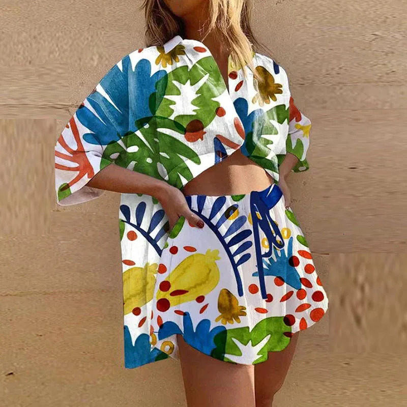 Summer Beach suit Women fashion lapel short sleeve shirt and elastic waist short two piece set Female vocation style print set 250407