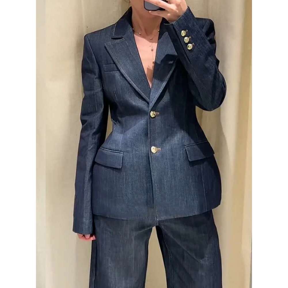 2025 Street Denim Suit Long Pants Sets Women Chic Lapel Blazer Jacket V-Neck Vest Wide Leg Pant Office Lady 3 Pieces Suits