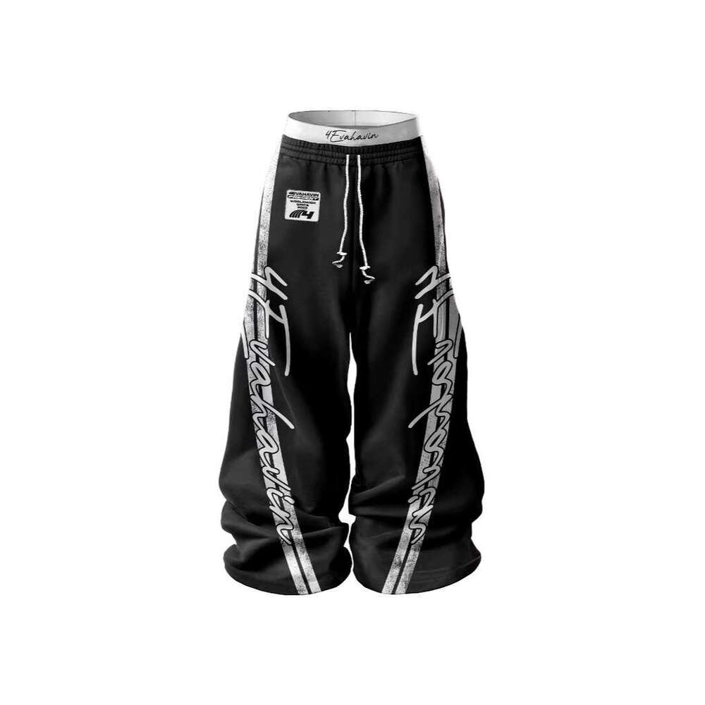 American hip-hop street style unisex double waisted design loose large three-dimensional printed casual pants