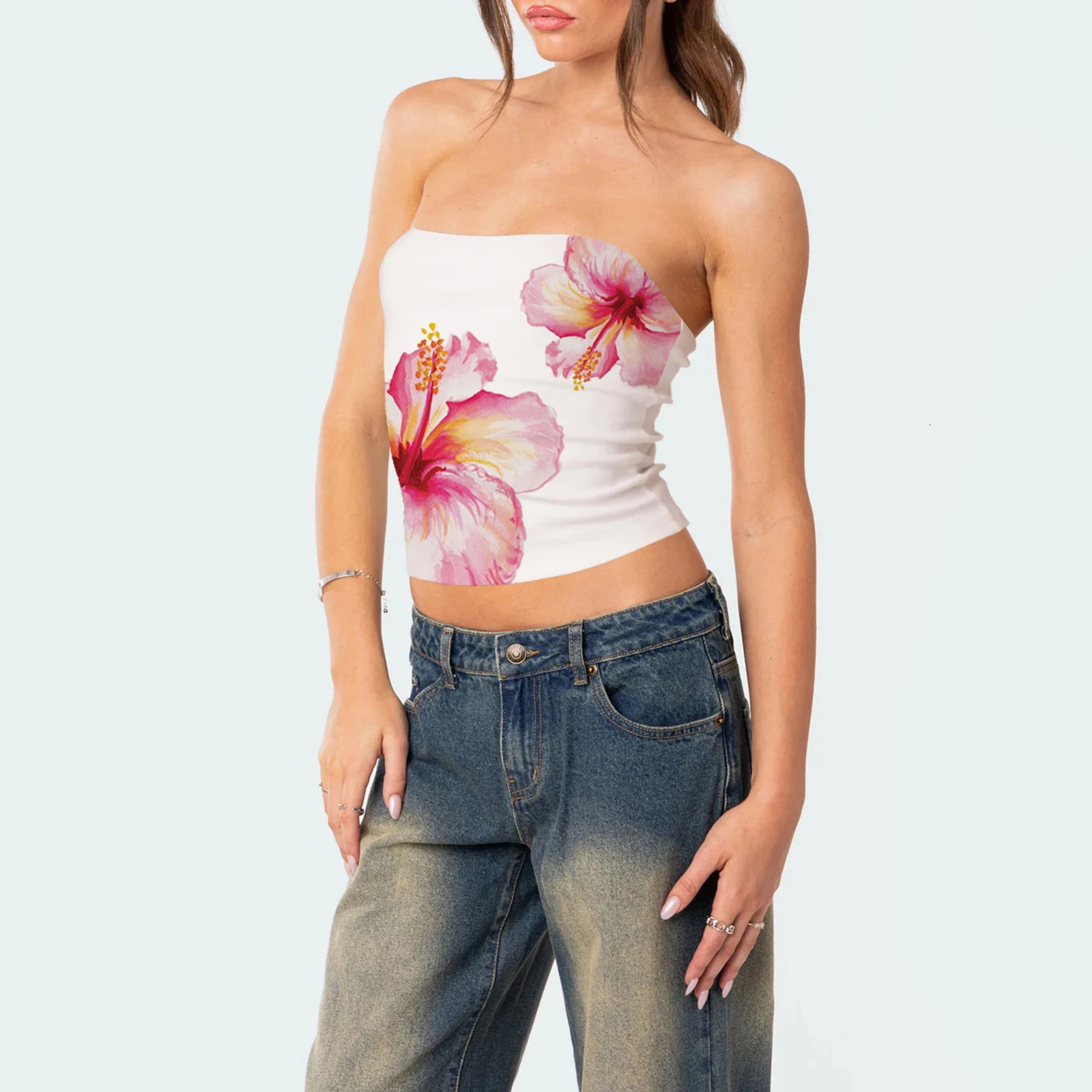 Women Strapless Tank Top Camis Womens Lily Print Slim Tube Tops Flower Pattern Bandeau Show Navel Shirt Streetwear 250407