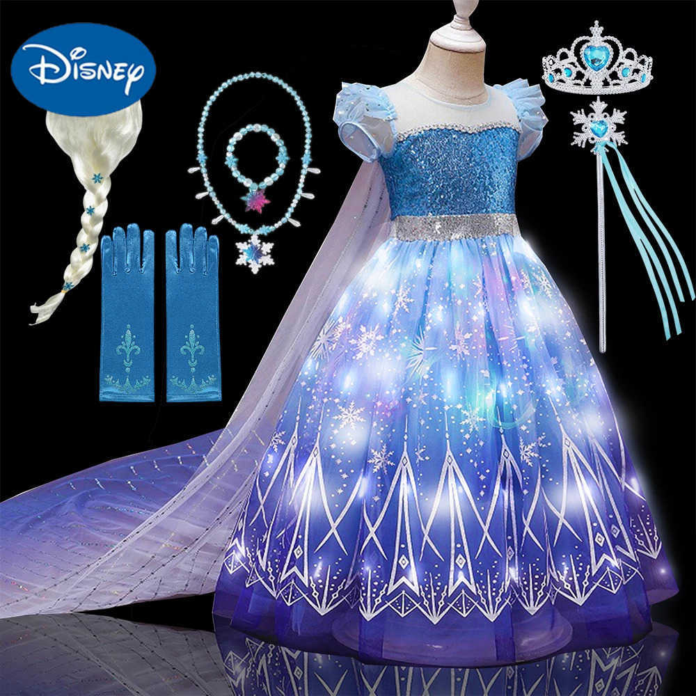 Disney Kids Copslay Elsa LED Light Up Costume Girls Birthday Party Role Playing Princess Dress with Cape Fancy Carnival Halloween Dress X250408