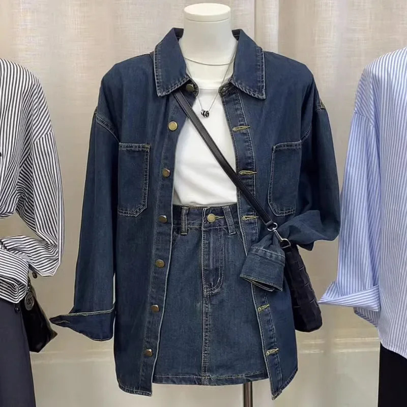 Early Autumn Style Korean Vintage Casual Single-Breasted Denim Shirt Jacket High-Waisted Skirt 2-Piece Set For Women 250408