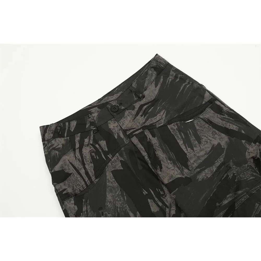 Ink Painting Camouflage Cargo Pants Mens High Street Spliced Pocket Loose Straight Wide Leg Trousers Men