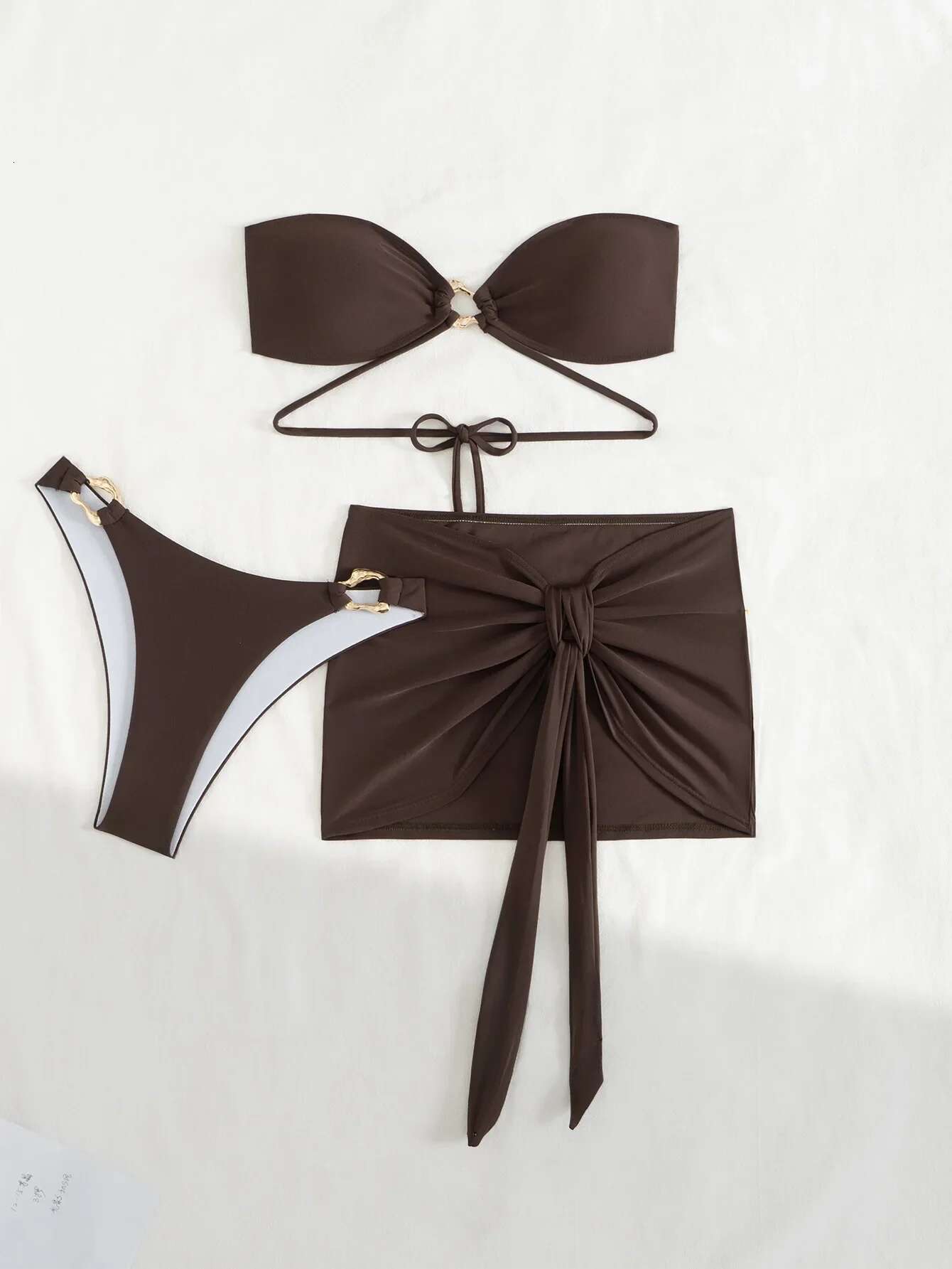 Dongdumaoyi Sexy Bandeau Bikini Women Off Shoulder Coffee Metal Rectangle Push Up Skirt Piece Swimsuit Beach Bathing Suit Swimwear