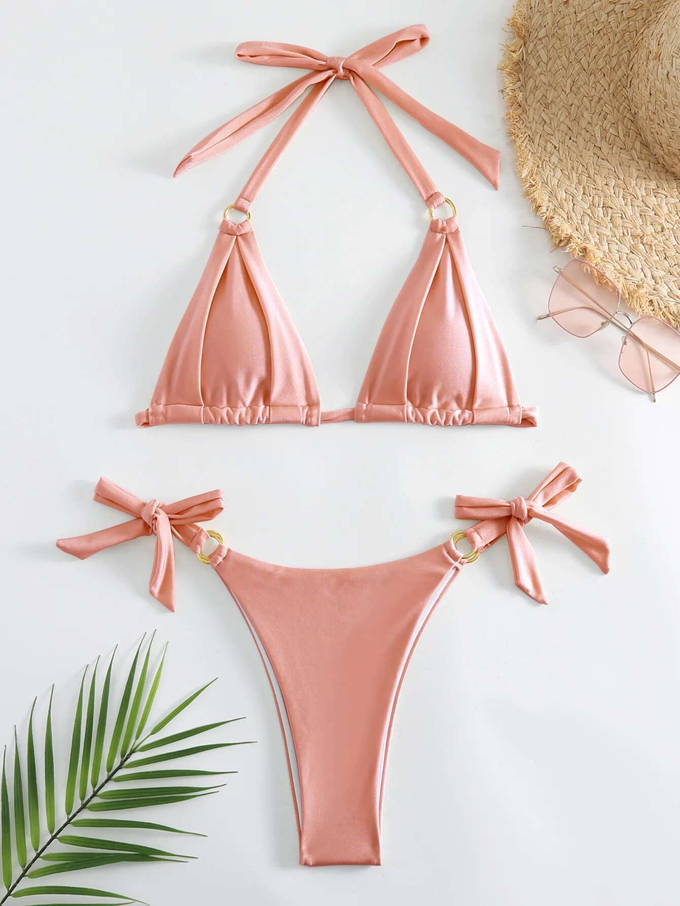 Dongdumaoyi Micro Bikini Sexy Women Swimsuit Solid Beige Halter Ring Linked Push Up Mini Bikinis Summer Bathing Suit Thong Swimwear