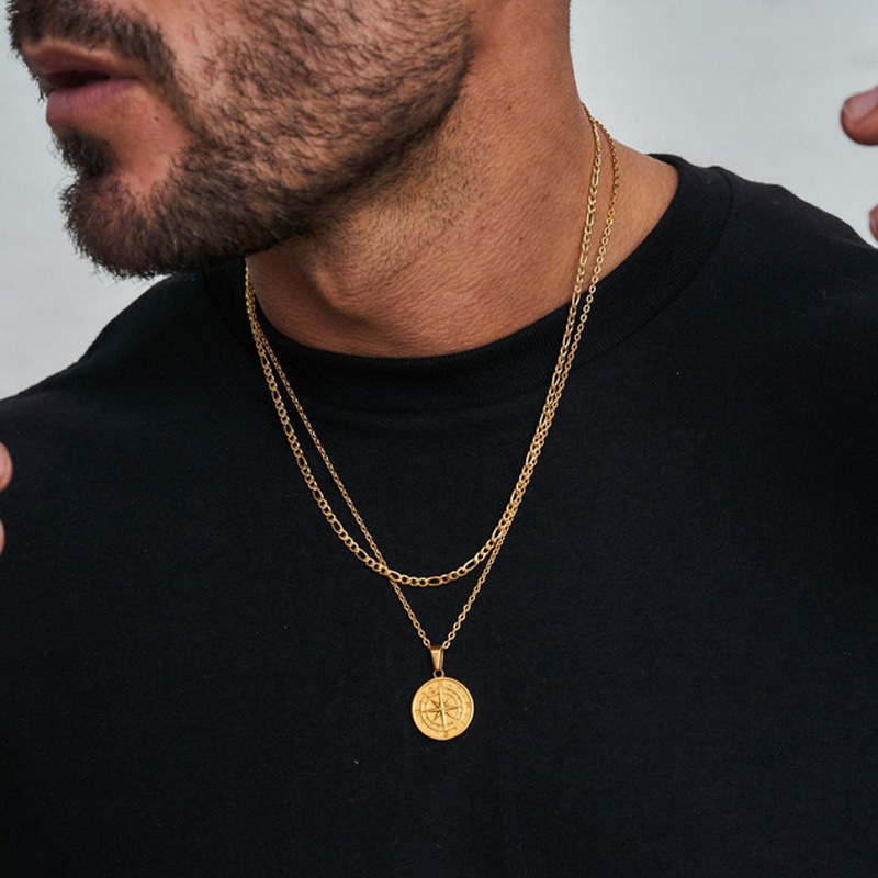 Hormones men's necklace, compass, travel and saig pendant, double-layer chain, give to friends