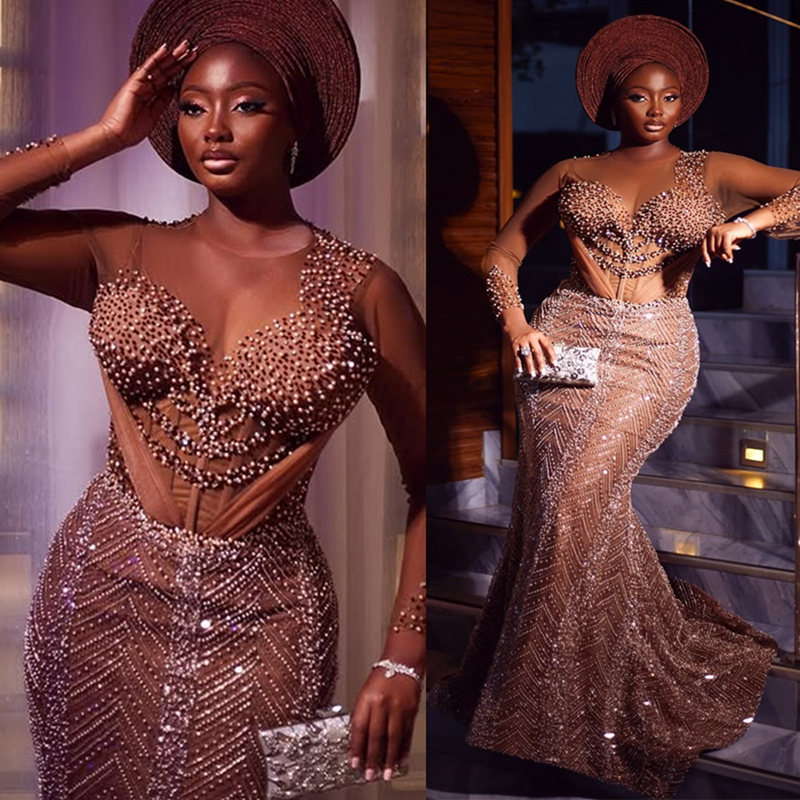 2025 Plus Size Aso Ebi Brown Prom Dress Mermaid Prom Dresses Evening Formal Gowns For Special Occasions Sheer Neck Beaded Lace Birthday Second Recepti