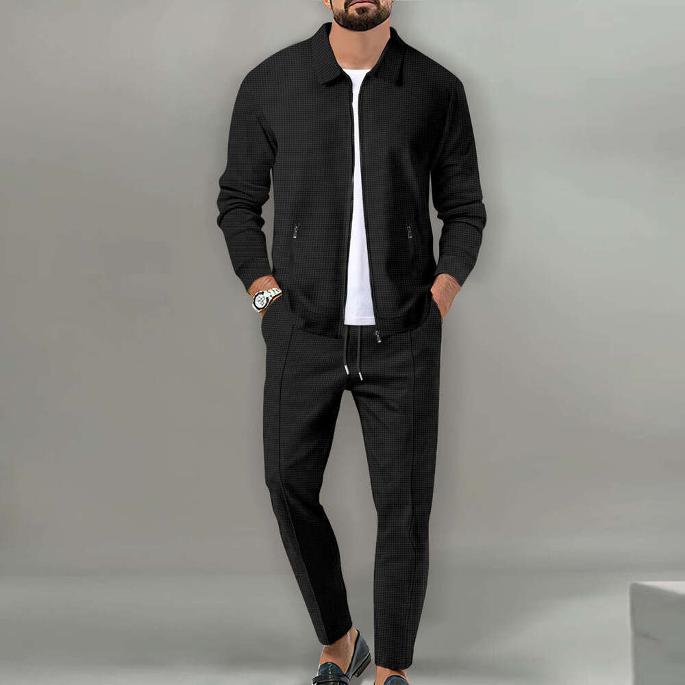 autumn youth waffle zipper pocket lapel slim fit cardigan men's jacket set 2025 new casual fashion trend clothing
