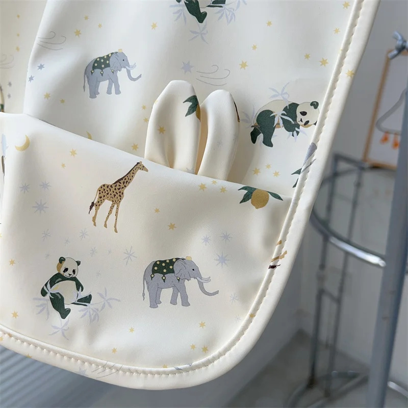 Baby Rabbit Ear Bib PU Soft Waterproof Cartoon Print Burp Cloths Feeding Bibs Infant Toddler Boys Girls Dirt Proof Apron Pocket 250408
