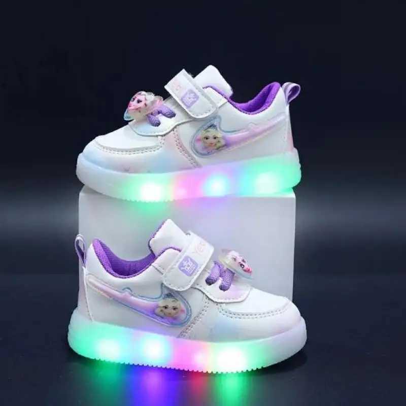Boutique Fashion Girls Casual Sneakers Elsa Princess Cute Childrens LED Light Shoes Spring/Summer Baby Board Shoes W250407