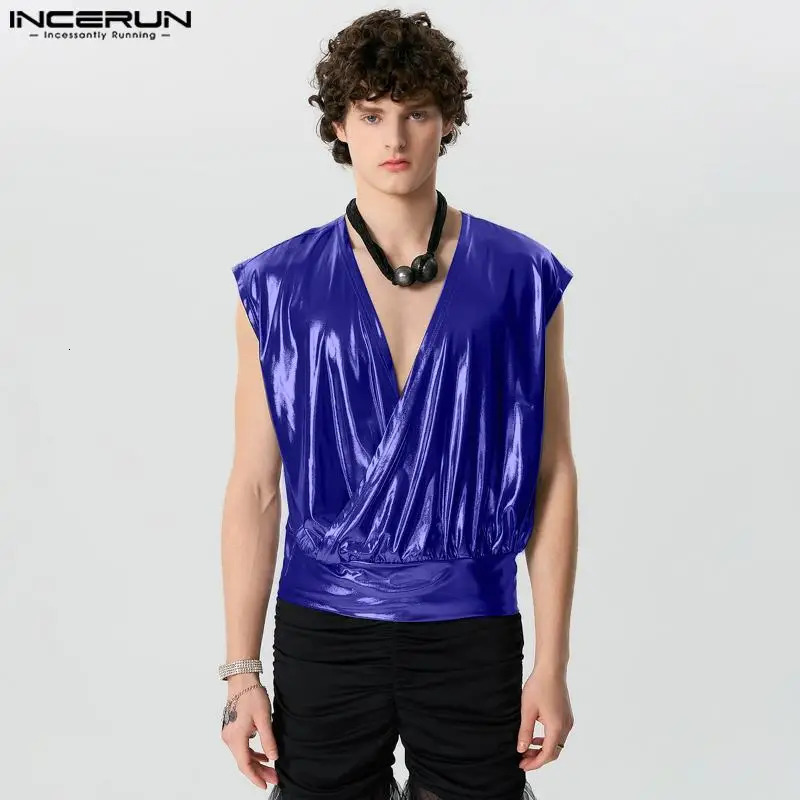 Mens Tank Top Sparkling V-neck Casual Mens Tank Top Solid Summer Fashion Mens S-5XL INCERUN 250402