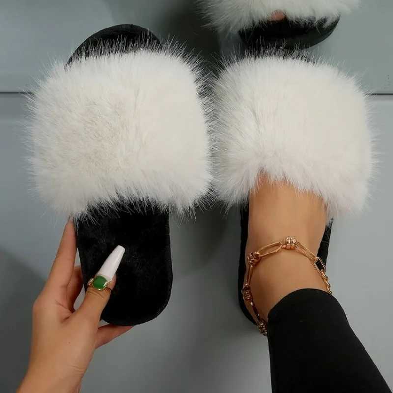 Winter 2024 womens Fi fur slider fluffy cute plush womens luxury outdoor non slip durable flat bottom sliderXJ250407