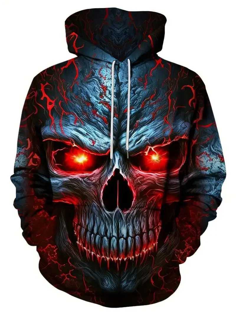 Casual mens hooded sweatshirt 3D printed with a burning skull graphic drawstring over large hooded sweatshirt lapel sweater autumn top W250408