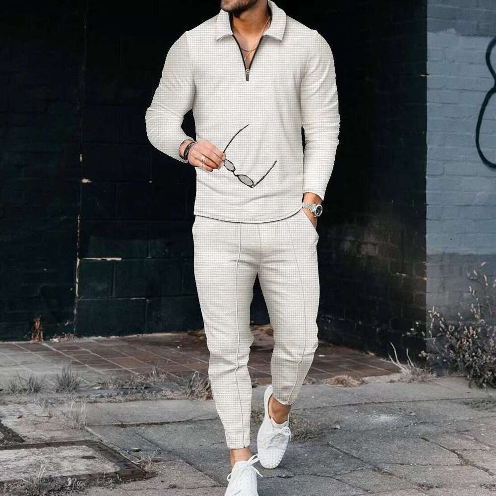 Popular men's textured suit long sleeved polo shirt sports pants fashionable half zipper stand up collar set new casual fashion trend clothing