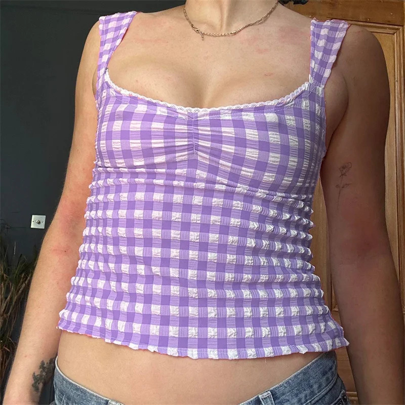 Lamuusaa y2k Tops for Women Summer Fairycore Clothing Plaid Print Lace Trim Sleeveless Tanks T Shirts 2000s Clothing Streetwear 250407