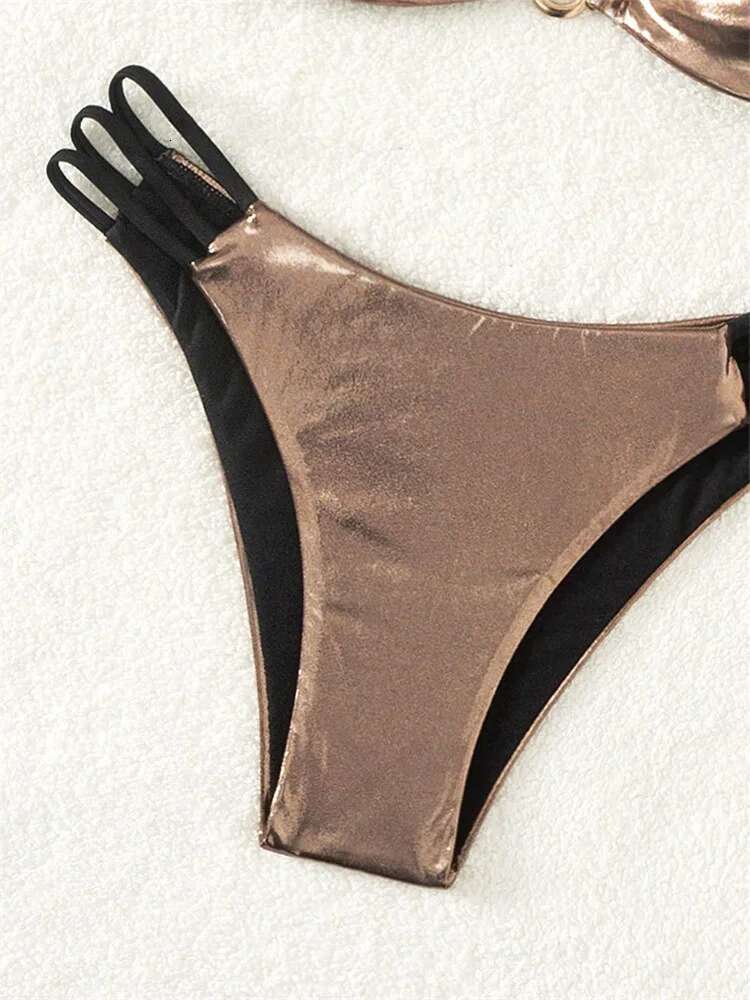Dongdumaoyi Sexy U Wire Gold Swimsuit Women PU Leather Bikini Push Up Swimwear Beach Bathing Suit Cut Out Bandage Biquini