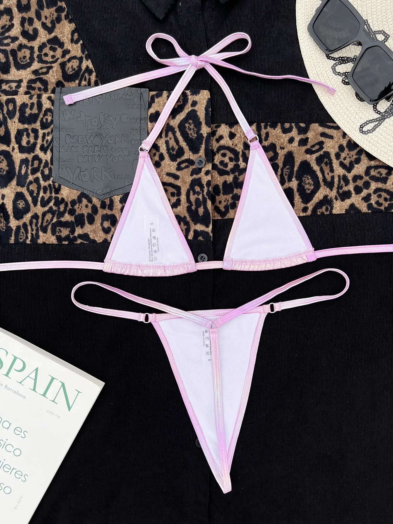Dongdumaoyi Sexy Micro Bikini Pink PU Leather Push Up Triangle Swimsuit Biquini Brazilian Cut Out Beach Swimming Bathing Suit Swimwear