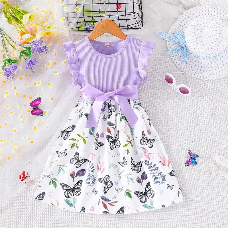 Set For Kids Girl 3-7 Years old Ruffled Sleeve Butterfly Floral Tulle Cute Princess Formal Dresses with Belt Ootd For Baby Girl 250408