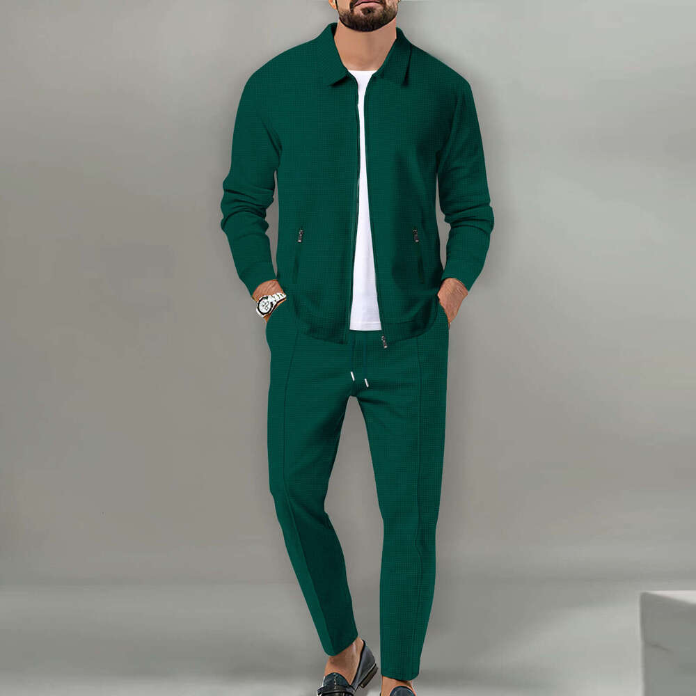 autumn youth waffle zipper pocket lapel slim fit cardigan men's jacket set 2025 new casual fashion trend clothing